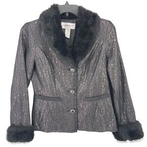 Victor Costa Metallic Geometric Faux Fur Neck Jewel Button Jacket Womens Size 10